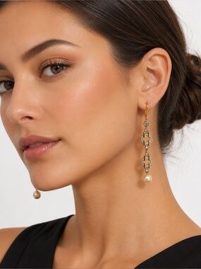 Lauren Ralph Lauren Gold Tone Crystal Pearl Drop Dangle Earrings